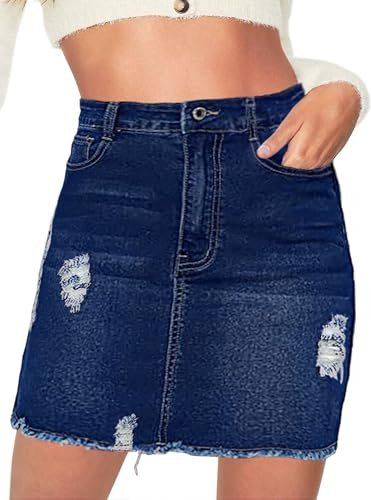 Necooer Jean Skirt for Women Mini Mid Waist Casual Short Skirt Washed Frayed Stretchy Sexy Bodycon Denim Skirts with Pocket