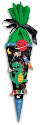 Ursus 9890005 - Schultüten-Bastelset Easy Line mini Space Dino, Schwarz, 6-eckig, vorgestanzte 3D-Colorwellpappe, 41 cm, Durchmesser ca. 15 cm, zum Basteln einer individuellen Zuckertüte