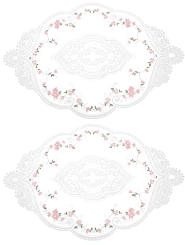 sourcing map 2 Stück Retro-Spitzen-Tischsets Platzsets, 30,5 x 43,2 cm, oval, bestickt, französische Häkeldeckchen, Untersetzer, Tassenmatte für Zuhause, Hochzeit, Weiß/Rosa