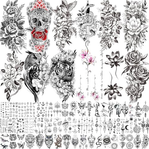 CHIZIRU 66 Blätt 3D Eule Tiger Blume Temporäre Tattoos Damen Frauen Mädchen, Groß Schädel Lotus Schlange Fake Tattoos Zum Aufkleben Klebetattoos Erwachsene, Rose Blumen Klebe Tattoo Aufkleber Festival