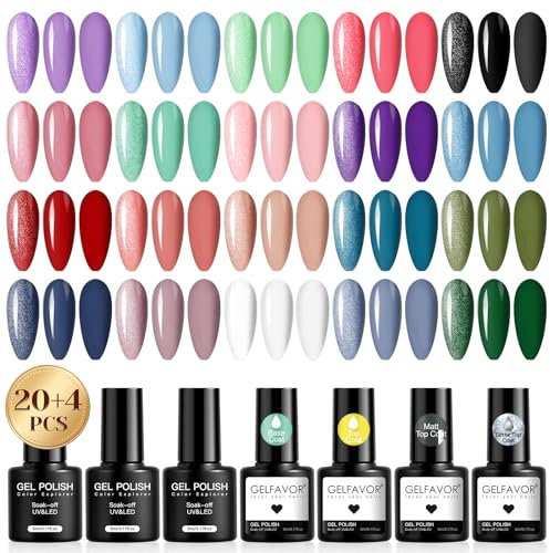 GELFAVOR UV Nagellack Set, 24 Stück Gel Nagellack Lila Blau Grün Rosa Rot Farbgel Gelnägel, Soak-Off Mini UV Gel Nail Polish für Nagel Design Geschenk