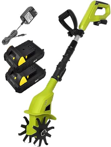 Motozappa da Giardino Senza Fili con 2 batterie da 2000 mAh e Caricabatterie, Larghezza di Lavorazione 10 cm, profondità di Lavoro 25 cm, Kit motozappa elettrica per Giardino