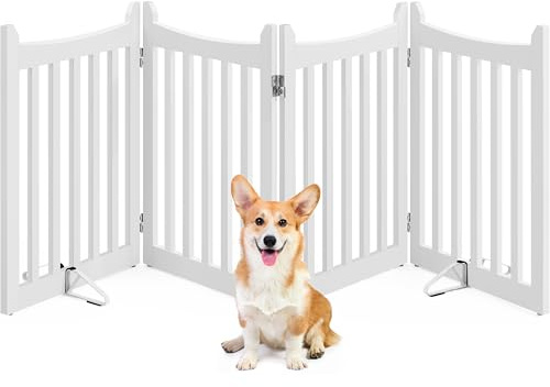 Yaheetech Cancelletto per Cani Estensibile e Pieghevole di Sicurezza da Interno in Legno 4 Pannelli 201,5 × 60,5 cm Recinto Barriera con Piedi Antiscivoli Scale Porta Bianco