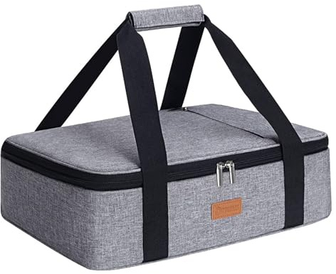 Poruary Casserole Carrier for Hot or Cold Food, Expandable Insulated Bag, Perfect Lasagna Holder Tote for Potlucks, Picnics, Beaches, Traveling, Fits 15.7 * 11 Baking Dish, Lunch Bag Gray (1PC)