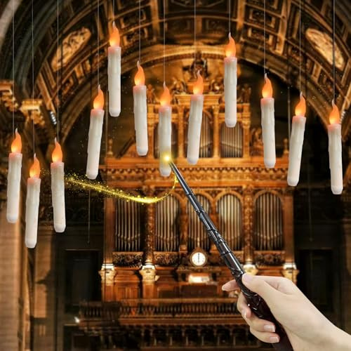 Bocguy 12 Stück Schwebende Kerzen mit Zauberstab, Led Kerzen Flackernde Flamme, Flammenlose Led, Led Kerzen mit Fernbedienung, Hängende Fliegende Kerzen für Haus, Party, Halloween Weihnachten Deko