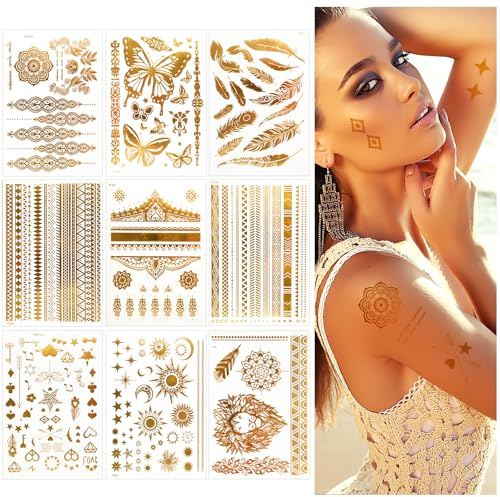 Festival Tattoos Gold, 125+ Metallic Glitzer Tattoo Erwachsene für Karneval | Wasserfest & langlebig Gesicht& Body Tattoo,Sommersprossen & Boho Design,perfekt für Karneval,Party,Festivals & Sommer-Events