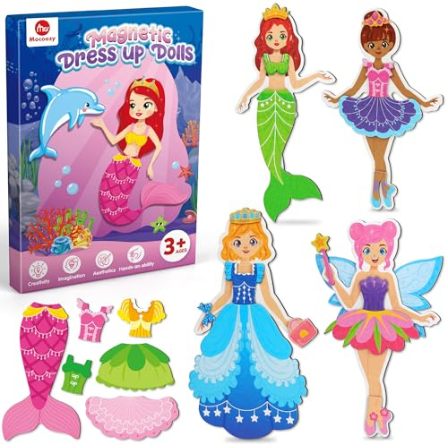Mocoosy Magnetic Dress Up Dolls for Girls, Princess Mermaid Fairy Ballerina Magnet Doll Playset, Travel Game Airplane Car Road Trip Activity Essential Toy Birthday Gift for Toddler Girl Age 3 4 5 6 7
