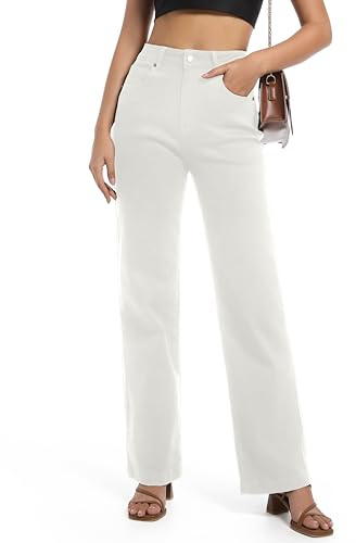 Guaile Jean Boyfriend Extensible Taille Haute pour Femme, Pantalon Baggy Tendance décontracté pour Femme, Blanc, 46