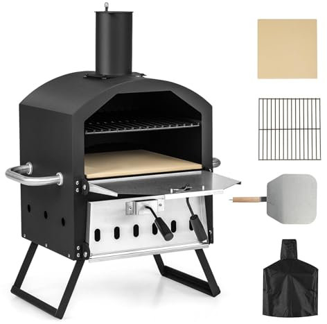 KOMFOTTEU Pizza Offen Outdoor, Pizzaofen 600℃, Tragbarer Holzofen aus Edelstahl, Pizza Backofen 2 Stufen für Garten, Mini oven mit Pizzastein Pizzaschaufel Grillrost wasserdichter Deckel