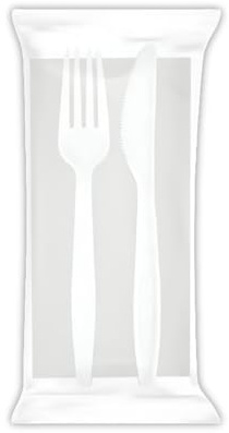 Bis Posate Set da Tavola in Plastica Bianca 100 Posate (100 Forchette, 100 Coltelli)+100Tovaglioli Inclusi-Eleganza e Praticità per Ogni Occasione
