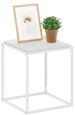 Furinno MORETTI Side Table, 1-Tier Stackable Metal Frame End Table, Night Stand, Bedside Table, Toolless Assembly, for Living Room, Bedroom, Solid White