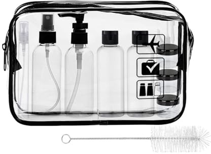 MORICOH Transparenter Kulturbeutel mit 14 Stück Reiseflaschenset (100ml) | Schwarz Reisenflaschen Set und 1 Stück Plastikbeutel für Flüssigkeiten zugelassen (20 x 20 cm),Reise Zubehör, Reise Gadgets