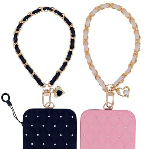 2 Pack Mobile Phone Charm Strap, Leather&Metal Wrist Strap, Handmade Universal Phone Chain Lanyard for Phones Key Decorating Girls Women,(Black&White)