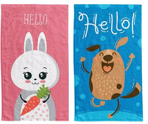 damaloo 2X Kinderhandtuch 30x50cm mit Hasen Motiv aus Baumwolle - Händetuch für Mädchen – Hunde Gästehandtuch Set - Gesichtstuch klein - Kleiner Waschlappen 30x50 cm - Kinder Handtuch Set klein
