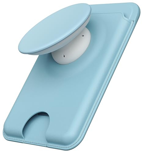 Sinjimoru Phone Wallet for MagSafe, Phone Card Holder with Grip, Blue | M-Tap Tok Wallet, 3200G strength, soft silicone finger holder, vegan leather, phone stand, fits iPhone 17-12