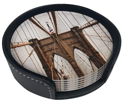 Lot de 6 dessous de verre ronds antidérapants avec photo du pont de Brooklyn pour café, bière, verre à vin, bouteille de maison et bar.