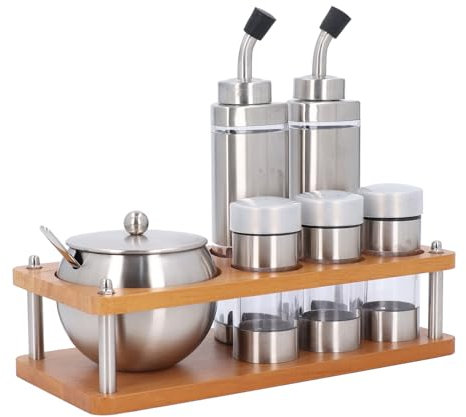 Set da Cucina con Portaspezie in Vetro e Acciaio Inox, Contenitori per Sale, Pepe, Olio e Aceto, per Casa e Cucina