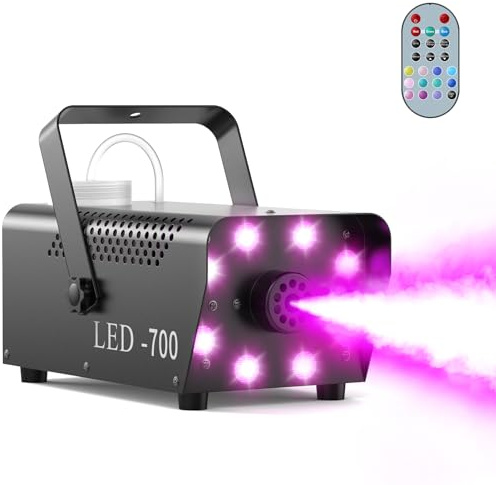700W Compact Fog Machine with 8 RGB LEDs - Auto-Cycle Smoke & Lighting Effects, 250ml Tank, 2-3M Projection for Small Parties/Stage/Photography