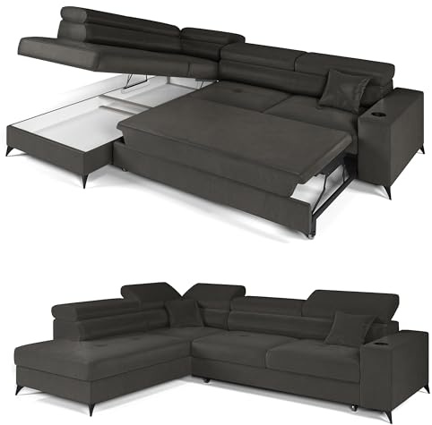 KP-Meble - Ecksofa mit Schlaffunktion und Bettkasten - Sofa L Form - 269 x 202 cm - mit 5 verstellbaren Kopfstützen & Becherhalter - Big Sofa, Relaxsofa, Langer Aschfahl - Links