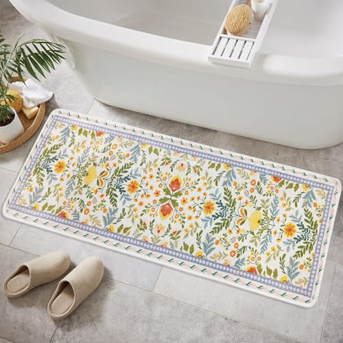 Boho Badematte 16 x 47cm Langer Rutschfester Abstrakter Weicher Plüsch Waschbarer Badezimmerteppich Dekoration für Badezimmer (Gelbe Blumen, 120 x 40 cm)
