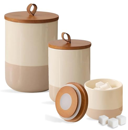 XUDREZ Lot de 3 boîtes de conservation en céramique avec couvercle hermétique - Pour café, sucre, thé, céréales, farine, épices - Rondes - Avec cordon