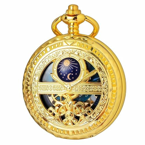 DerMacht Hollow Moon Mechanical Pocket Watch Gold Gift for Men, Men's Sun Moon Skeleton Pocket Watch Roman Dial with Chain