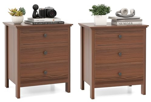 COSTWAY 1/2 Mesita de Noche, 56 x 45 x 66 cm, Mesillas de Noche Madera con 3 Cajones, Mesa Auxiliar Moderno Dormitorio Salon Sofa Oficina (2, marrón)