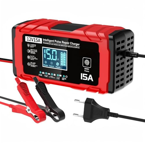 AILRINNI 15A Caricabatteria per Auto - 12V 15A Automatico Caricabatteria da Auto con Display LCD, Caricabatteria Intelligente per Automobili Aggiornato per Batterie AGM/LiFePO4, Moto, Barche