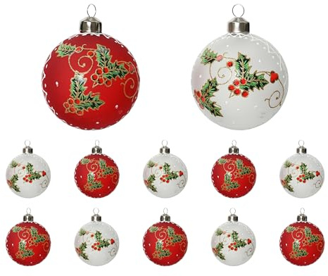 Kaemingk Bolas de Navidad de cristal, 8 cm x 12 unidades, con patrón de acebo, bolas para árbol de Navidad, decoración para árbol de Navidad, color rojo y blanco