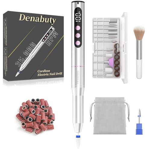 Denabuty Fresa Per Unghie 35000 RPM, Lima elettrica per unghie Professional 12 in 1, Senze Fili Ricaricabile Portatile con Display LCD Elettrico Manicure e Pedicure Rimozione Gel Casa, Salon, Argento