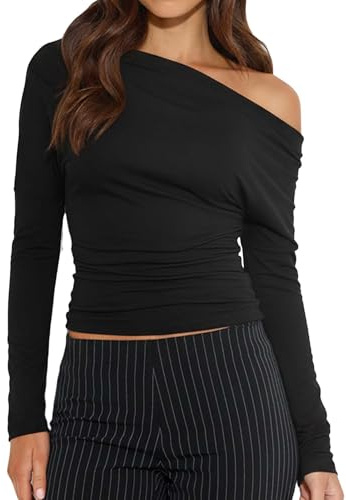 TZLDN Women Off Shoulder Top Long Sleeve Tops Elegant One Shoulder Top Basic Sexy Party Autumn Winter Black S