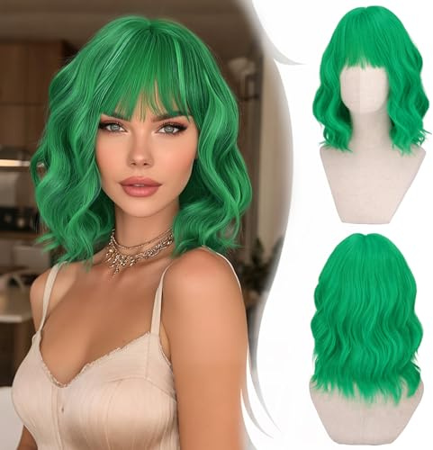RUWISS Peluca pelo Natural Verde con Flequillo, 35 cm Pelucas Mujer pelo Natural Rizado Ondulado Peluca Bob Corta Sintética para Cosplay Fiestas