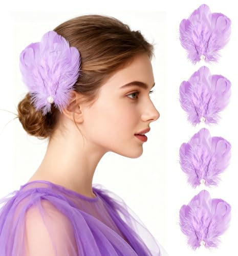 MWOOT 4 Pezzi Piuma Capelli Fermagli per Carnevale Costume, Viola Chiaro Piuma Copricapo per Donne Ragazze, Capelli Accessori per Sposa Matrimonio Festa Cosplay