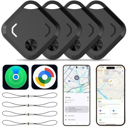 Reyke Bluetooth Tracker, Smart Tag und Schlüsselfinder für Schlüssel, Gepäck, Koffer, IP66 Wasserdicht, Brieftasche, Sowohl iOS als auch Android kompatibel, Schwarz 4 Stück