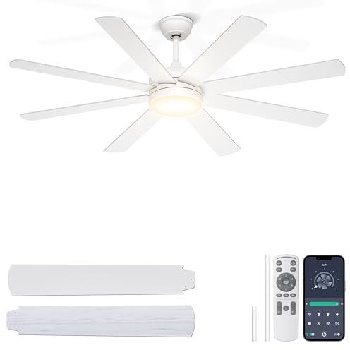 Ohniyou Ventilador de Techo de 152 cm con Luz Silencioso, Ventiladores de Techo Modernos con Control Remoto/APP, Luz Regulable, Motor DC Reversible para Sala de Estar Terraza Interior Exterior, Blanco