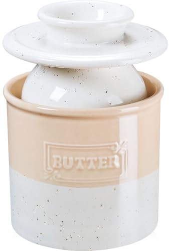 NUTRIUPS Mantequillera de cerámica, campana de cerámica con tapa, mantequera francesa para mantequilla fresca y untable (blanco arena)