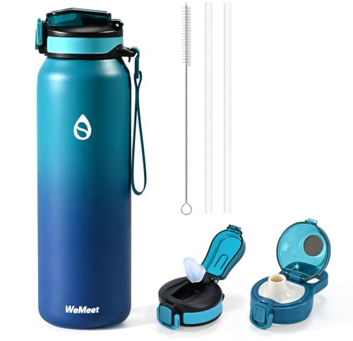 WEMEET Isolierte Wasserflasche Edelstahl 700ml, Auslaufsicher Trinkflasche mit Tragegriff und Strohhalm, für Fahrrad, Fitnessstudio, Reisen (Blau Blau)