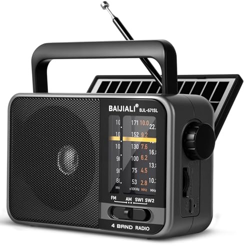 BAIJIALI Solar-Powered Portable Radio,Built-in Rechargeable Battery/USB-C | Emergency Radio for Outdoor Use, Camping, Travel, Storms and Power Cuts (Model BJL-671-Solar)