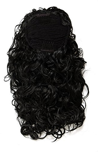 WIG ME UP - NC002-1 Haarteil Pferdeschwanz Zopf 2 Klammern & Gummizug super Volumen Locken Schwarz ca. 45 cm