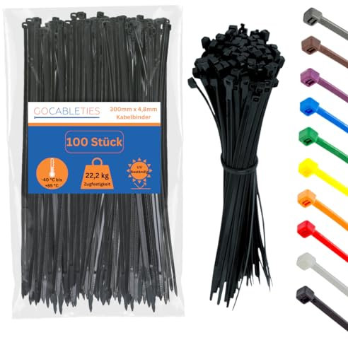 Gocableties - Collier de Serrage en Nylon - 300 mm x 4,8 mm - Noir - Attache Câble Résistant aux UV - Serre-Câbles - Lot de 100 Pièces