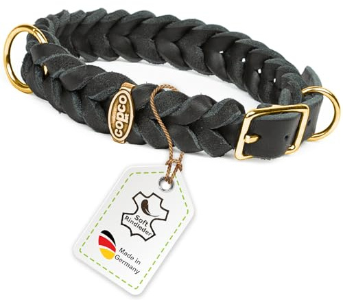 CopcoPet Hundehalsband aus Fettleder 25–29 cm x 15mm Schwarz – Geflochtenes Lederhalsband – Messing mit Dornschließe – Robust & verstellbar – Für kleine Hunde, ideal für Alltag & Training