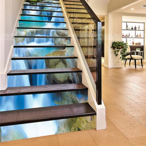 FLFK 3D Steinwasserfall Rock Selbstklebend Treppen Aufkleber Vinyl Abnehmbare Aufkleber für Treppenhaus Zuhause Dekoration 39.3Zoll x7.08Zoll x13 stücke