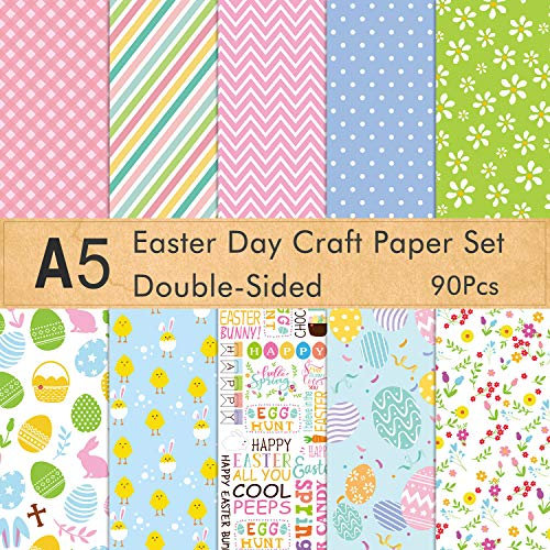 FEPITO 90 Fogli Set di Carte con Motivo Pasquale Carta Artigianale Formato A5 per Biglietti d'auguri per la Decorazione di Album per Ritagli, Doppio Lato 10 Motivi