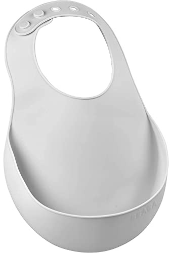 BÉABA Bavaglino per Neonato in Silicone, Impermeabile, Regolabile: varie tacche, Morbido e Leggero, Delicato, Facile da Pulire, Ampia tasca per raccogliere la Pappa, Grigio