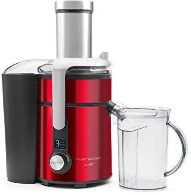Riviera-et-Bar, PCJ677, Centrifugeuse Digitale Inox, 1300W, Rouge, Capacité 1,2L, Tube Alimentaire 84mm, Bac à Pulpe 2L, 5 Vitesses, Accessoires Inclus, Idéale pour Jus Frais Maison
