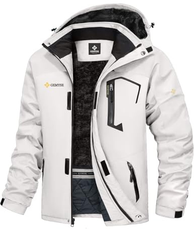 GEMYSE Herren Skijacke Winddichte Wasserdichte Fleece Winterjacke mit Kapuze für Outdoor(Weiß 01,2XL)