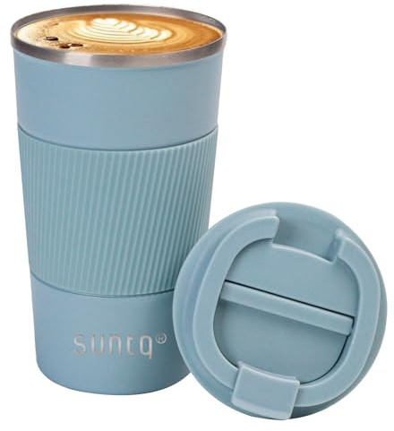 SUNTQ Kaffeebecher to go Thermo aus Edelstahl - Thermobecher mit Gummierte Manschette Doppelwand Isoliert - Kaffeetasse mit Auslaufsicherem Deckel Wiederverwendbar 510ml Himmel Blau