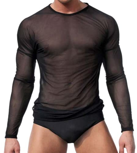 Crongless Men's Sexy Tank Top, Mesh Long Sleeves Transparent T-Shirt See Through Vest (L)
