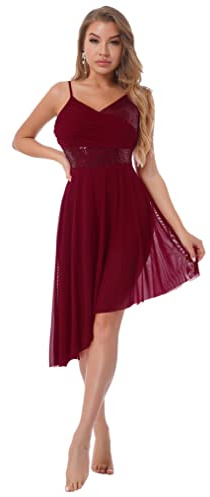 Freebily Damen Lyrisches Tanzkleid Pailletten Ballettanzug Latein Ballsaal Gymnastik Trikot Mit Asymmetrisch Mesh Rock Tanz Übung Kleidung