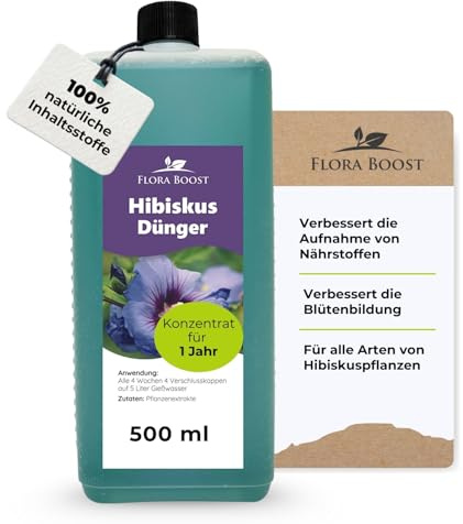 Konfitee Hibiskus Dünger Flora Boost 500ml I Für bis zu 100L Gießwasser I Blumendünger für Hibiskus Pflanzen I Flüssiger Blatt- & Wurzeldünger I 100% natürlicher Pflanzendünger